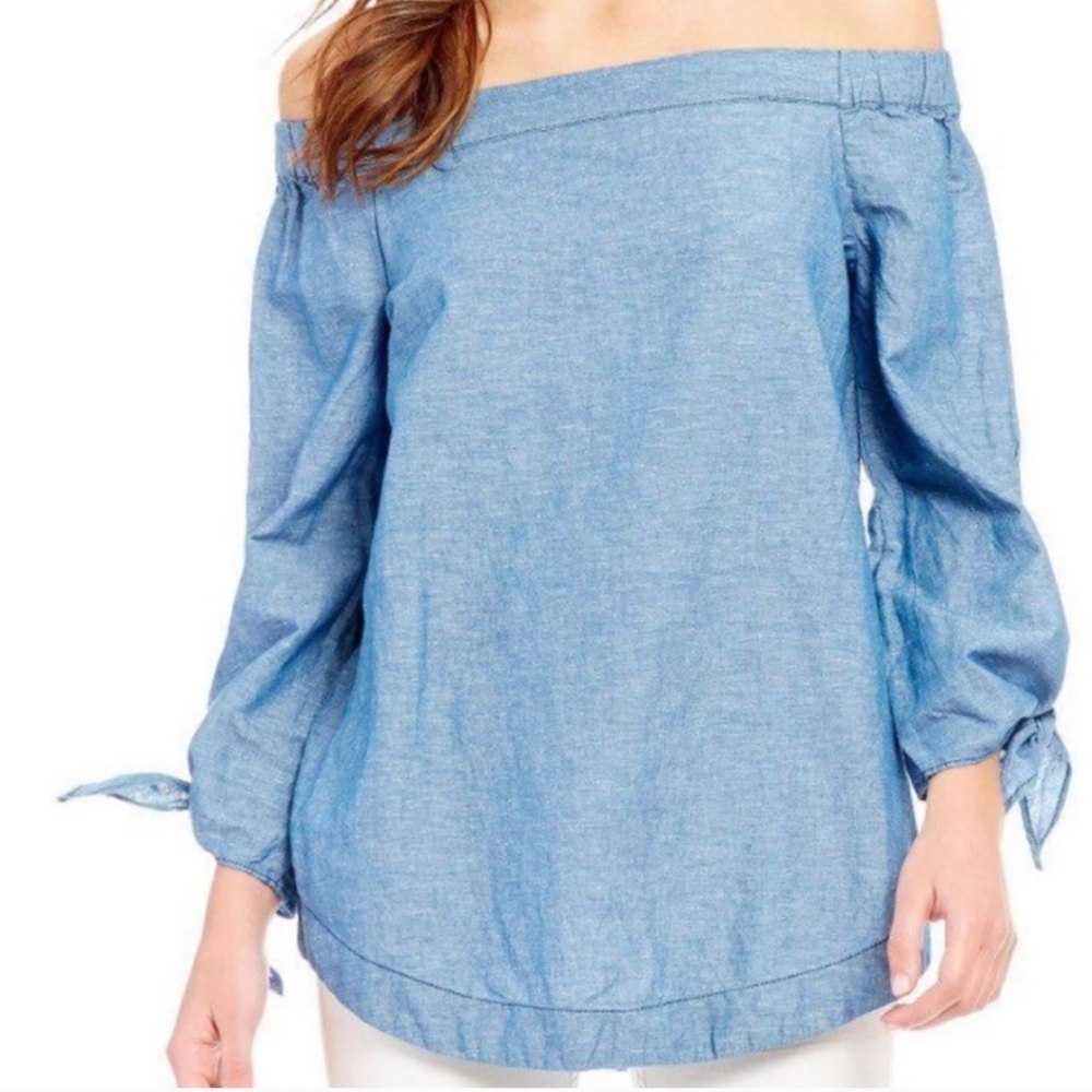 Free People Top S Off Shoulder Jean Denim 52%cotton 48%linen Long Sleeve - Picture 5 of 10